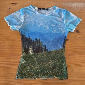 Daisy Street, Mesh Mountain Landscape Shirt, Sheer, Scalloped Edge, US M
